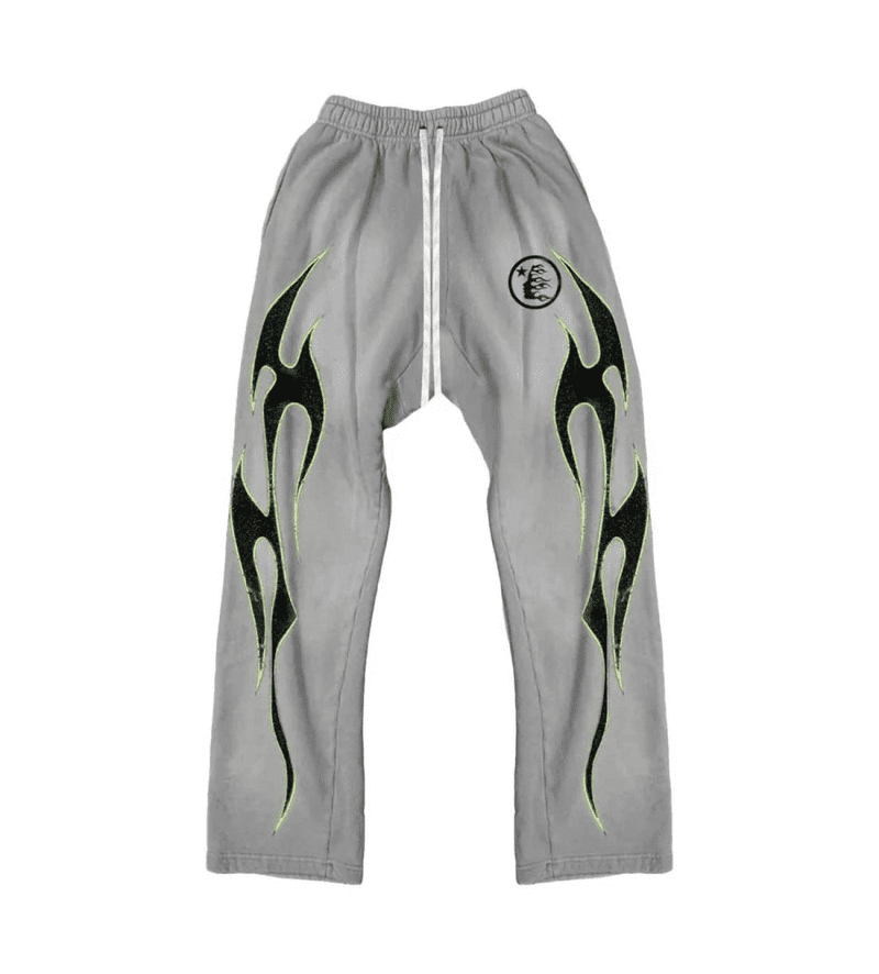 Hellstar Studios Grey Green Future Flame Flared Sweatpants front